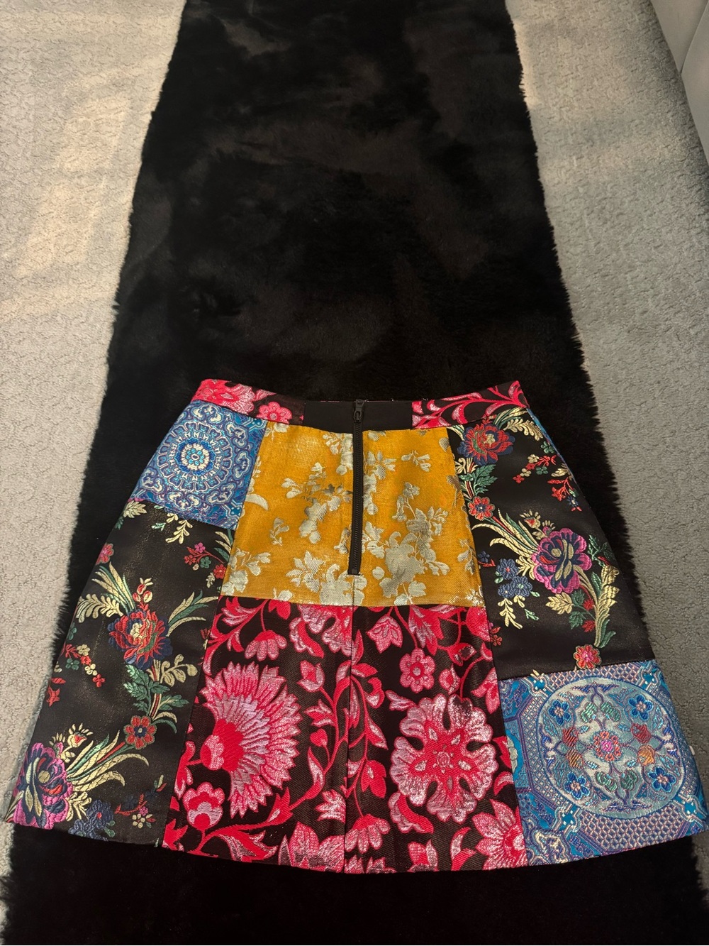 Alice + Olivia Patchwork Brocade Mini Skirt in Black, Red, Gold, Blue - Picture 3 of 7